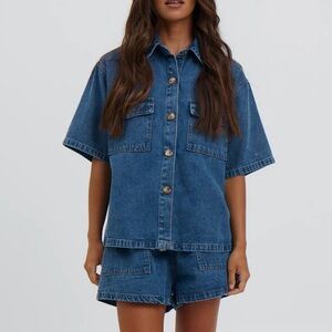 The Bronze Snake Delaney Denim Set Dark Blue Short Sleeve Jean Top Shorts Coord